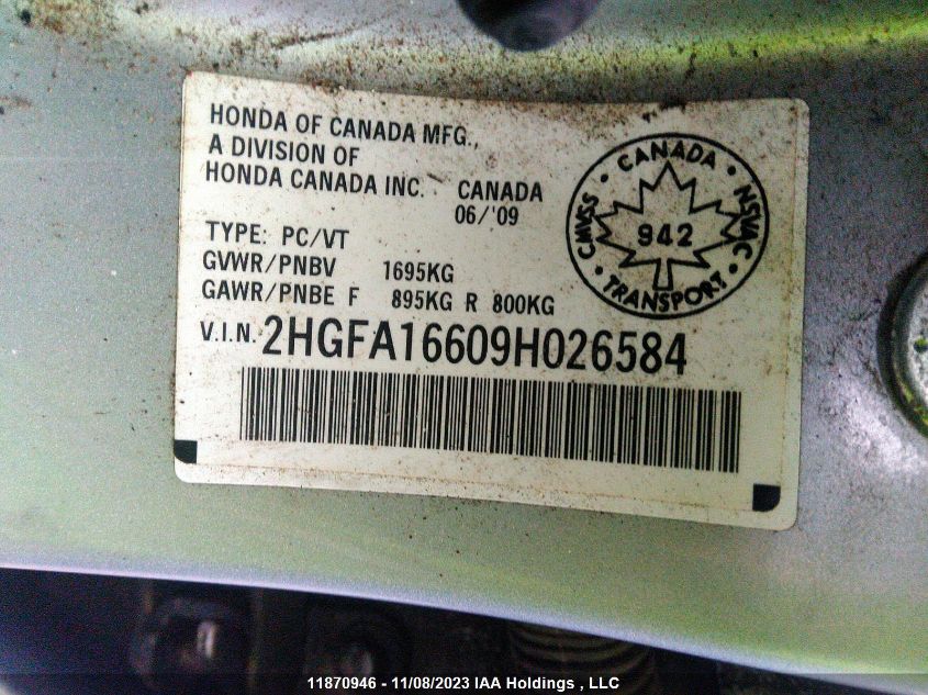 2009 Honda Civic Sdn Sport VIN: 2HGFA16609H026584 Lot: 11870946
