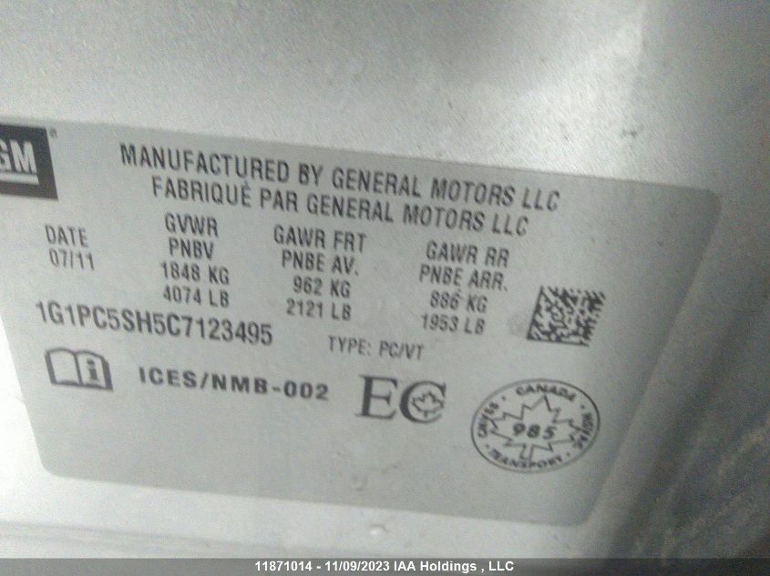 2012 Chevrolet Cruze Ls+ W/1Sb VIN: 1G1PC5SH5C7123495 Lot: 11871014