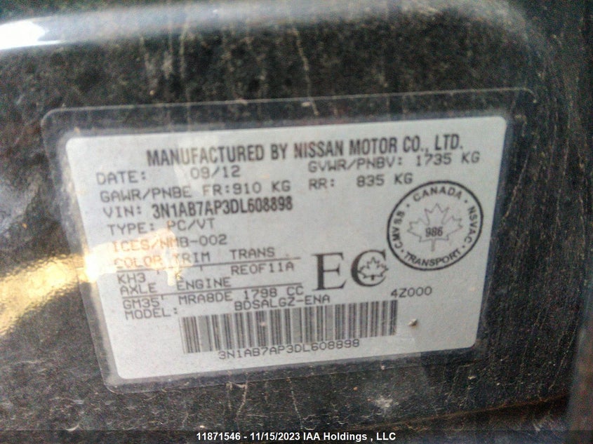 2013 Nissan Sentra Sl VIN: 3N1AB7AP3DL608898 Lot: 11871546