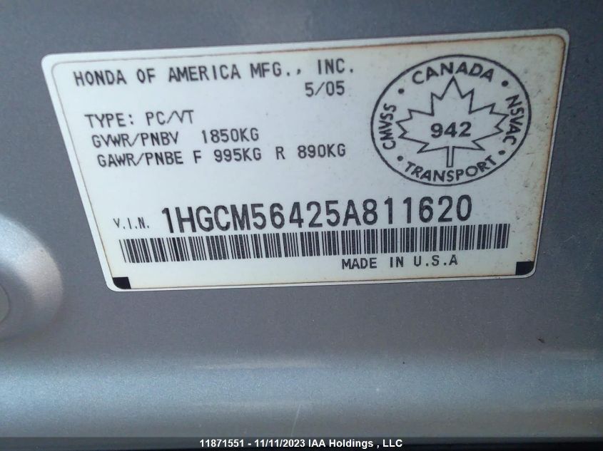 2005 Honda Accord VIN: 1HGCM56425A811620 Lot: 11871551