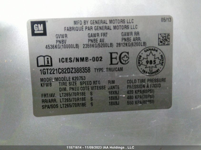 2013 GMC Sierra 2500Hd Slt VIN: 1GT221C82DZ388358 Lot: 11871614