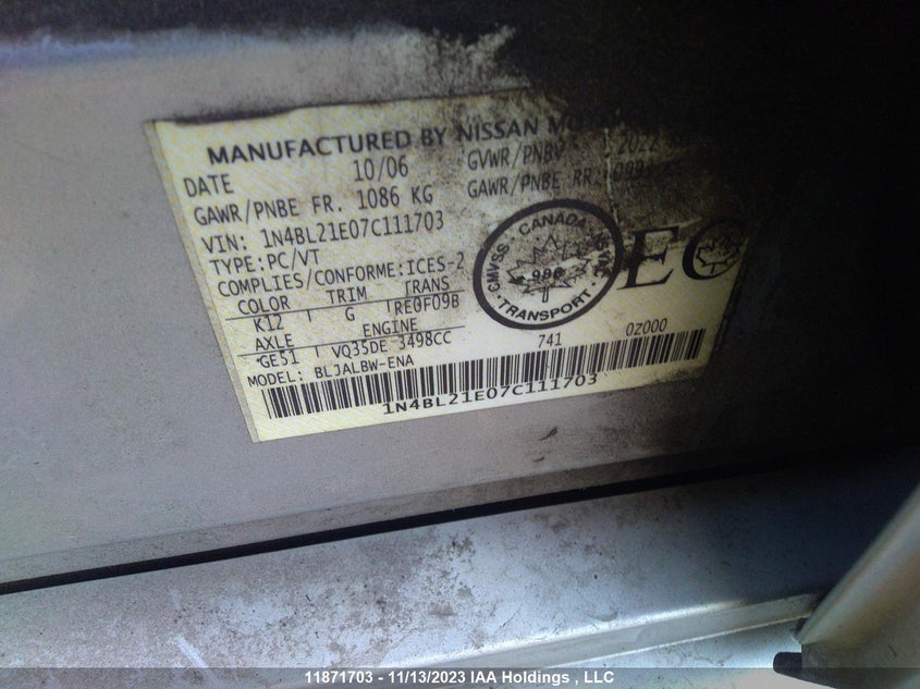 2007 Nissan Altima 3.5Se/3.5Sl VIN: 1N4BL21E07C111703 Lot: 11871703