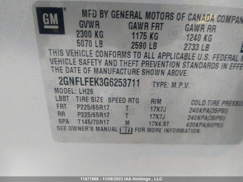 2016 Chevrolet Equinox Lt VIN: 2GNFLFEK3G6253711 Lot: 11871868