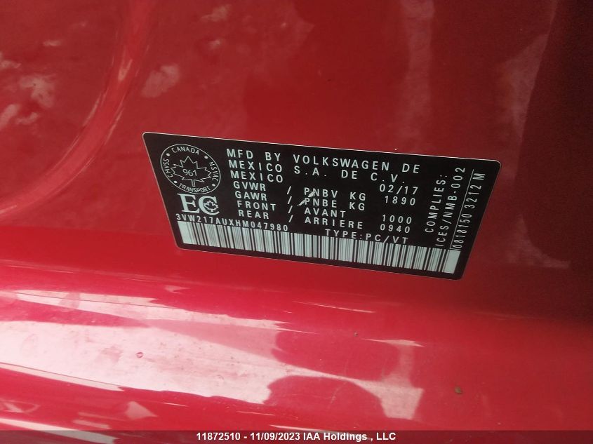 2017 Volkswagen Golf Trendline/Highline VIN: 3VW217AUXHM047980 Lot: 11872510