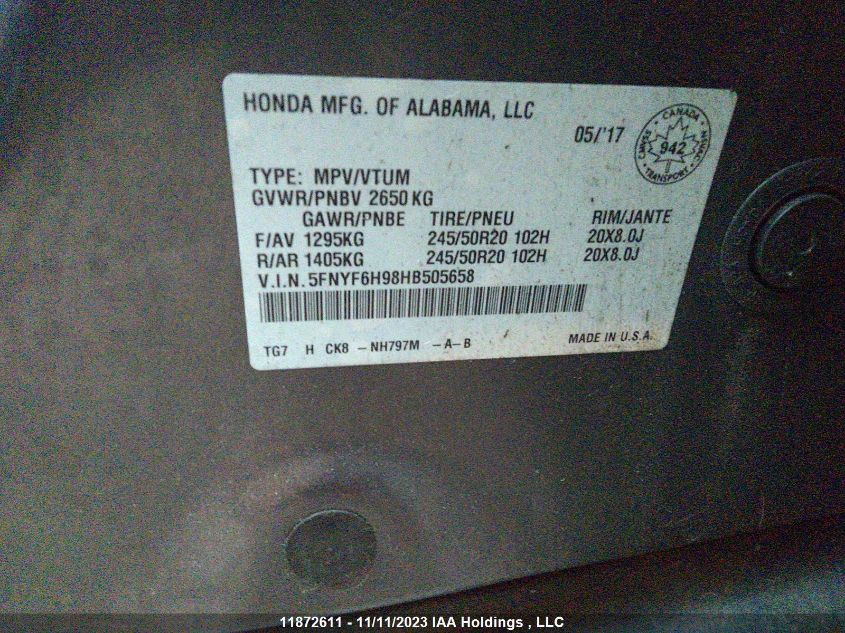 2017 Honda Pilot Touring VIN: 5FNYF6H98HB505658 Lot: 11872611