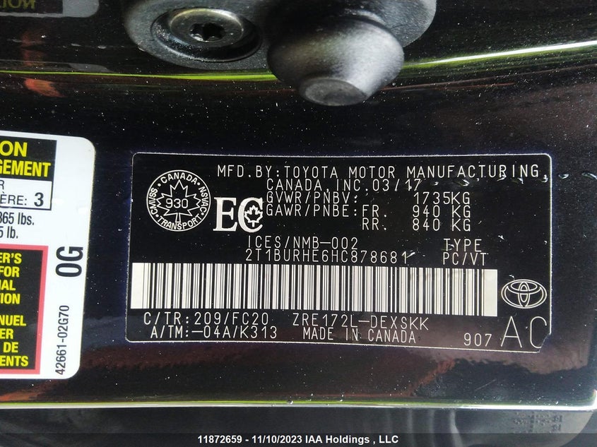 2017 Toyota Corolla Ce/Le/Se VIN: 2T1BURHE6HC878681 Lot: 11872659