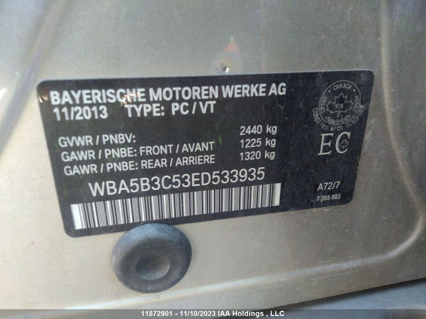 2014 BMW 5 Series 535I xDrive VIN: WBA5B3C53ED533935 Lot: 11872901