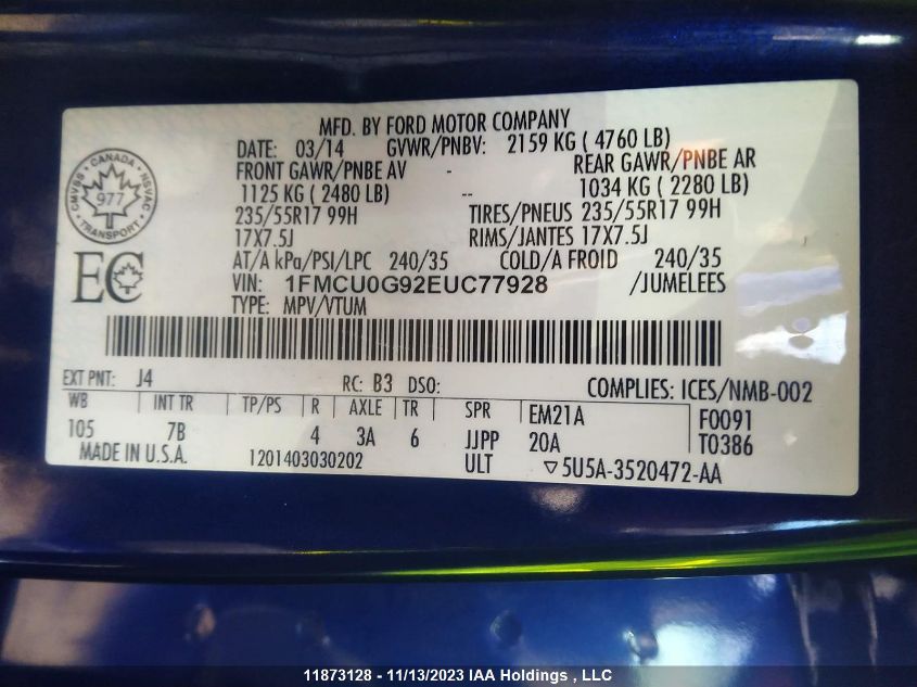 2014 Ford Escape Se VIN: 1FMCU0G92EUC77928 Lot: 11873128