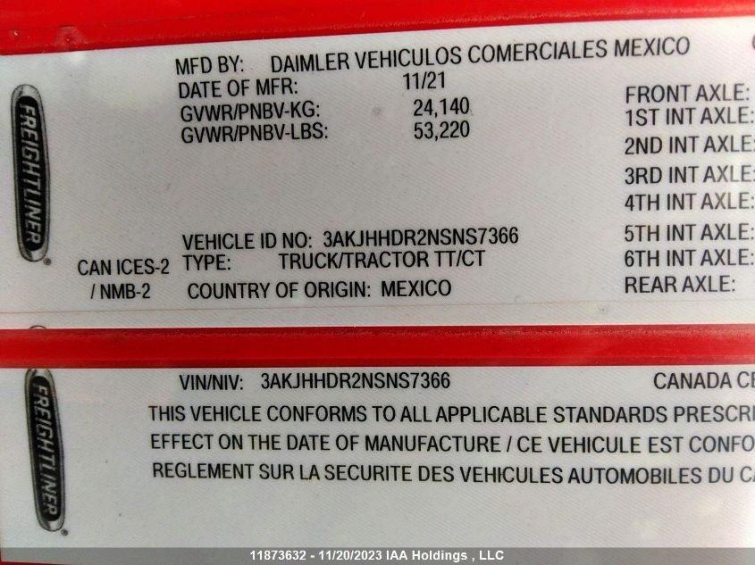 2022 Freightliner Cascadia 126 VIN: 3AKJHHDR2NSNS7366 Lot: 39235993