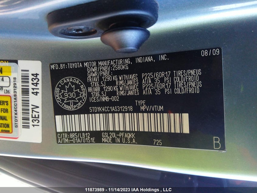 2010 Toyota Sienna Xle/Xle Limited VIN: 5TDYK4CC1AS312918 Lot: 11873989