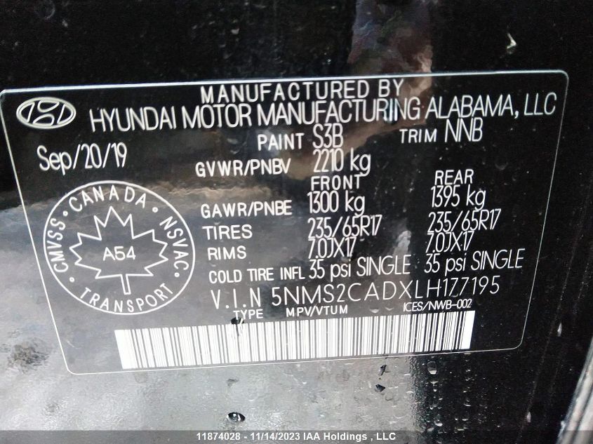 2020 Hyundai Santa Fe VIN: 5NMS2CADXLH177195 Lot: 11874028