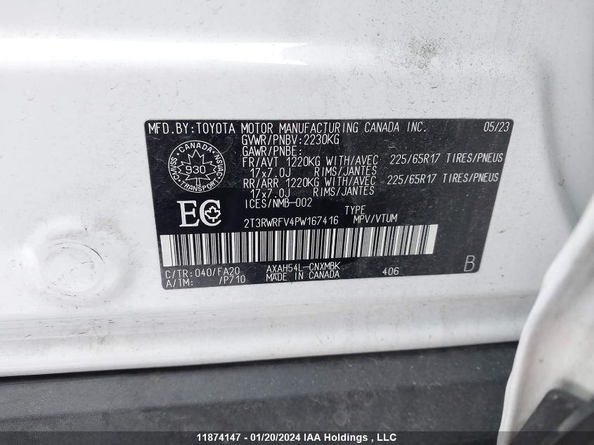 2023 Toyota Rav4 Hybrid Xle VIN: 2T3RWRFV4PW167416 Lot: 11874147