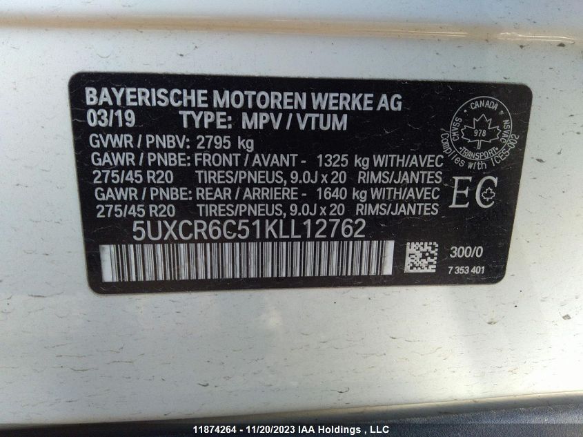 2019 BMW X5 xDrive40I VIN: 5UXCR6C51KLL12762 Lot: 11874264