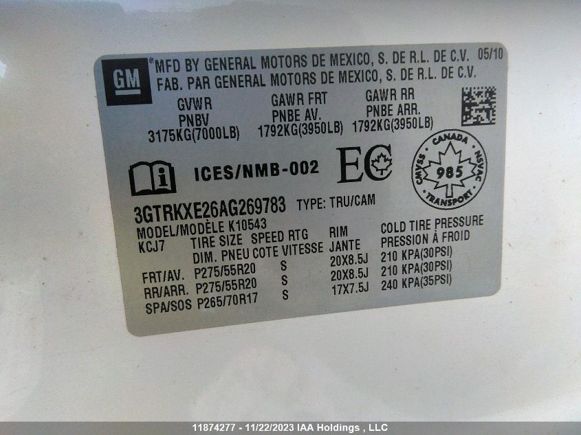 2010 GMC Sierra 1500 Denali VIN: 3GTRKXE26AG269783 Lot: 11874277
