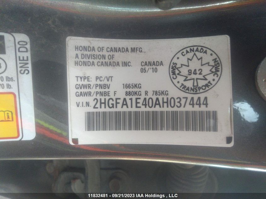 2010 Honda Civic Sdn Dx-G VIN: 2HGFA1E40AH037444 Lot: 11832481X