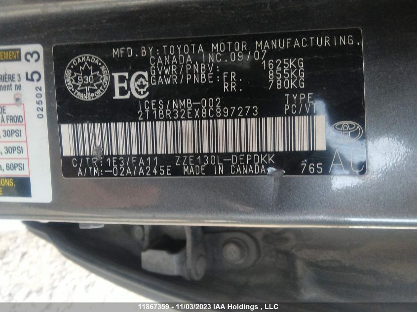 2008 Toyota Corolla Ce/Le/Sport VIN: 2T1BR32EX8C897273 Lot: 11867359X