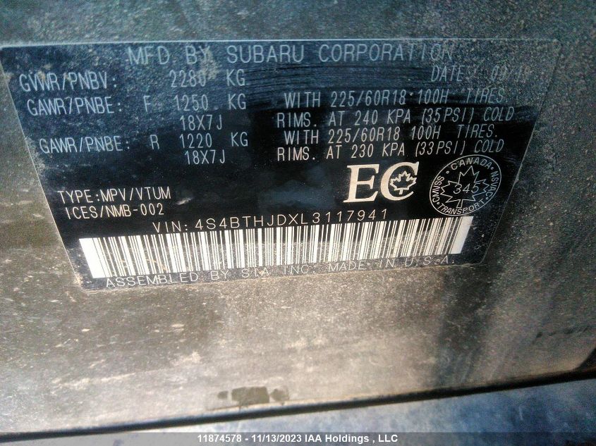 2020 Subaru Outback Outdoor Xt VIN: 4S4BTHJDXL3117941 Lot: 11874578