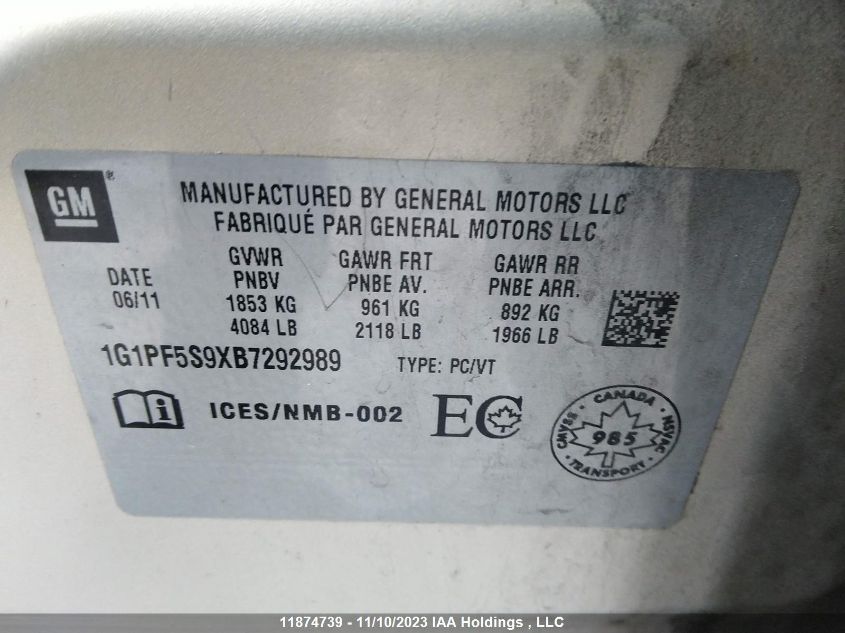 2011 Chevrolet Cruze Lt Turbo W/1Sa VIN: 1G1PF5S9XB7292989 Lot: 11874739