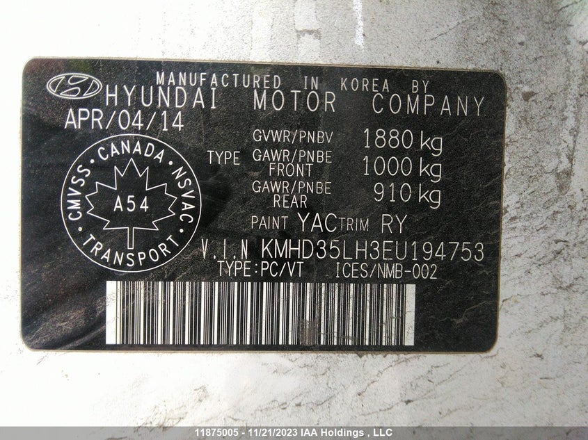 2014 Hyundai Elantra VIN: KMHD35LH3EU194753 Lot: 11875005