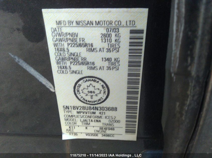 2004 Nissan Quest S/Se/Sl VIN: 5N1BV28U84N303688 Lot: 11875210