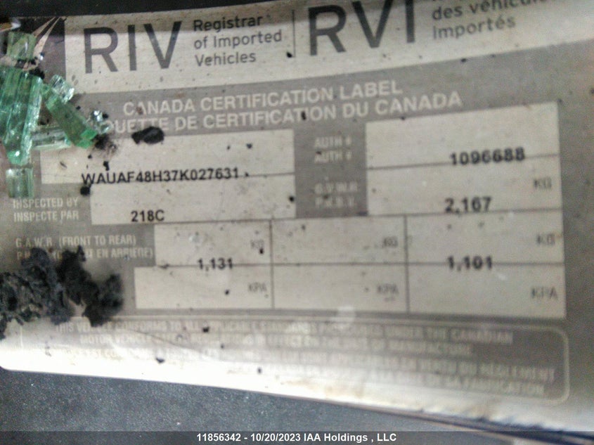 2007 Audi A4 2.0T Cabriolet VIN: WAUAF48H37K027631 Lot: 11856342X