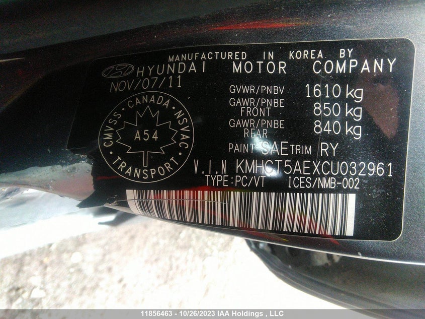 2012 Hyundai Accent L VIN: KMHCT5AEXCU032961 Lot: 11856463X