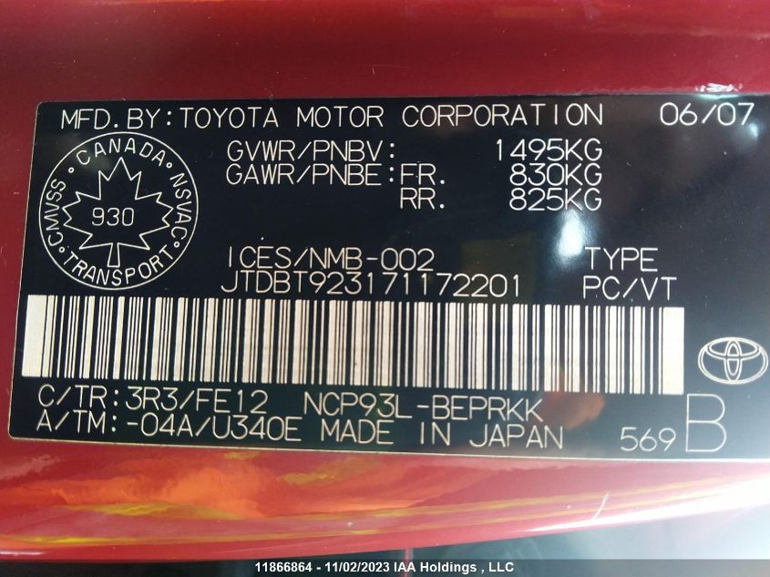 2007 Toyota Yaris VIN: JTDBT923171172201 Lot: 11866864X