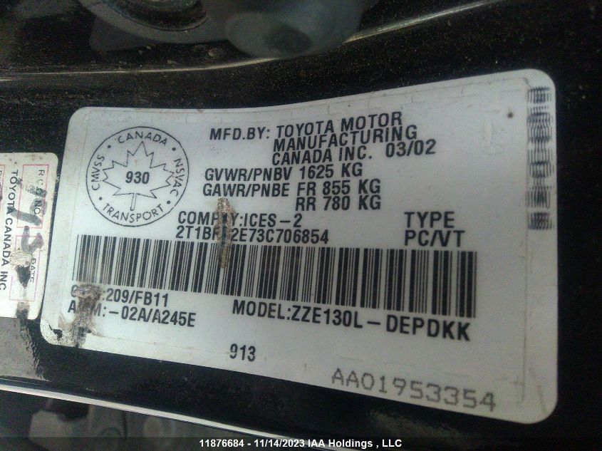 2003 Toyota Corolla Ce/Sport/Le VIN: 2T1BR32E73C706854 Lot: 39226077