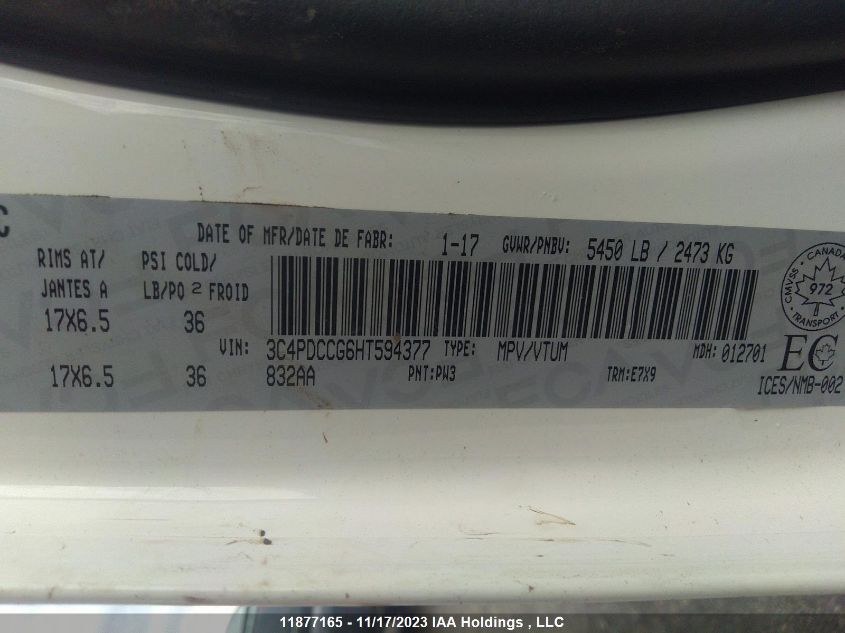 2017 Dodge Journey VIN: 3C4PDCCG6HT594377 Lot: 11877165