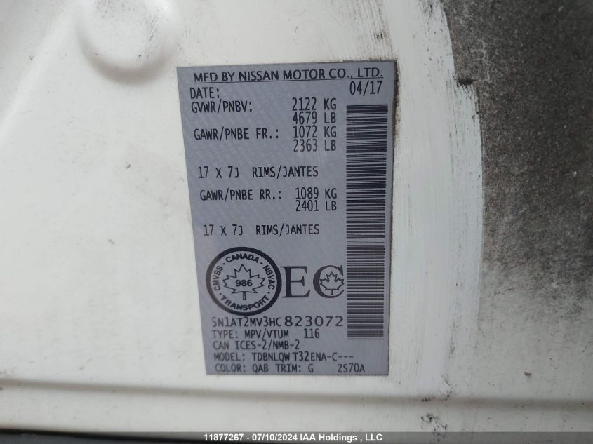 2017 Nissan Rogue Sv/Sl VIN: 5N1AT2MV3HC823072 Lot: 11877267