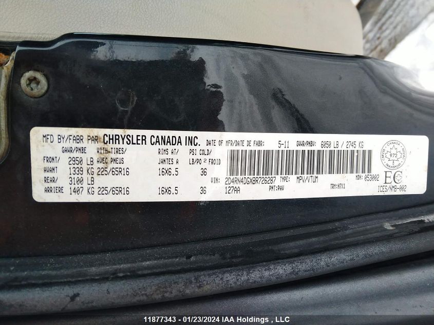 2011 Dodge Grand Caravan Express VIN: 2D4RN4DGXBR726287 Lot: 11877343