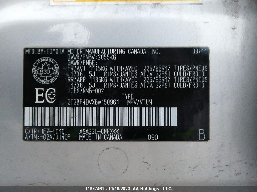 2011 Toyota Rav4 VIN: 2T3BF4DVXBW150961 Lot: 11877461