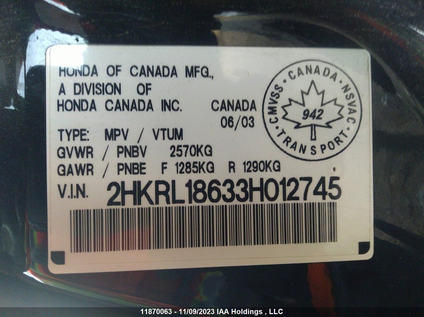 2003 Honda Odyssey Ex VIN: 2HKRL18633H012745 Lot: 11870063X