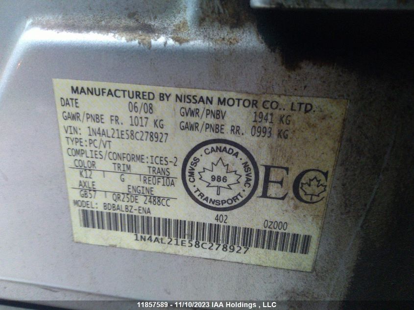 2008 Nissan Altima 2.5 VIN: 1N4AL21E58C278927 Lot: 11857589X