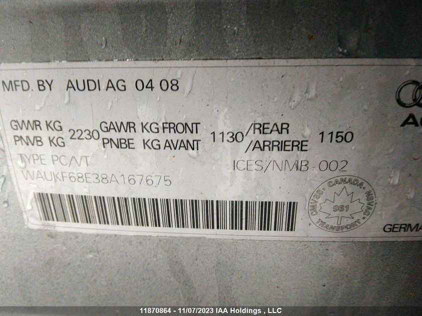 2008 Audi A4 2.0T VIN: WAUKF68E38A167675 Lot: 11870864X