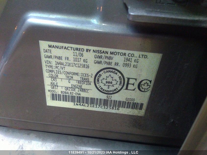 2007 Nissan Altima 2.5 VIN: 1N4AL21E17C125816 Lot: 11839491X