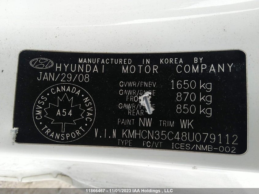 2008 Hyundai Accent L/Gl/Gl W/Sport Pkg VIN: KMHCN35C48U079112 Lot: 11866467X