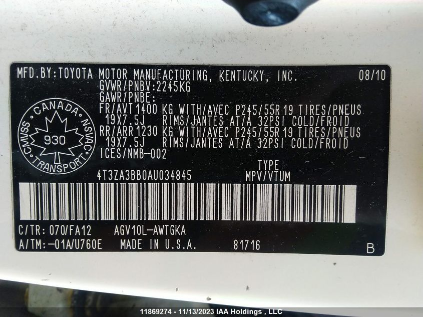 2010 Toyota Venza VIN: 4T3ZA3BB0AU034845 Lot: 11869274X