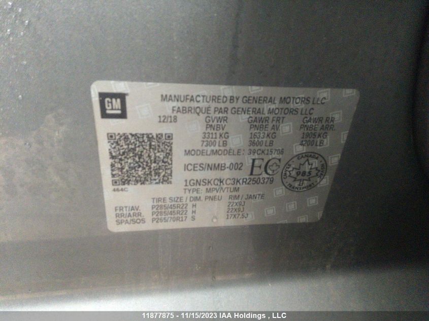 2019 Chevrolet Tahoe K1500 Premier VIN: 1GNSKCKC3KR250379 Lot: 11877875