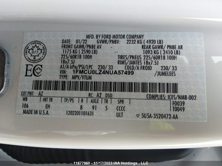 2022 Ford Escape Titanium Plug-In Hybrid VIN: 1FMCU0LZ4NUA57499 Lot: 11877960