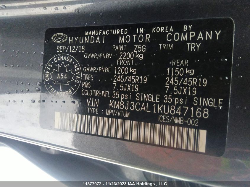 2019 Hyundai Tucson VIN: KM8J3CAL1KU847168 Lot: 11877972