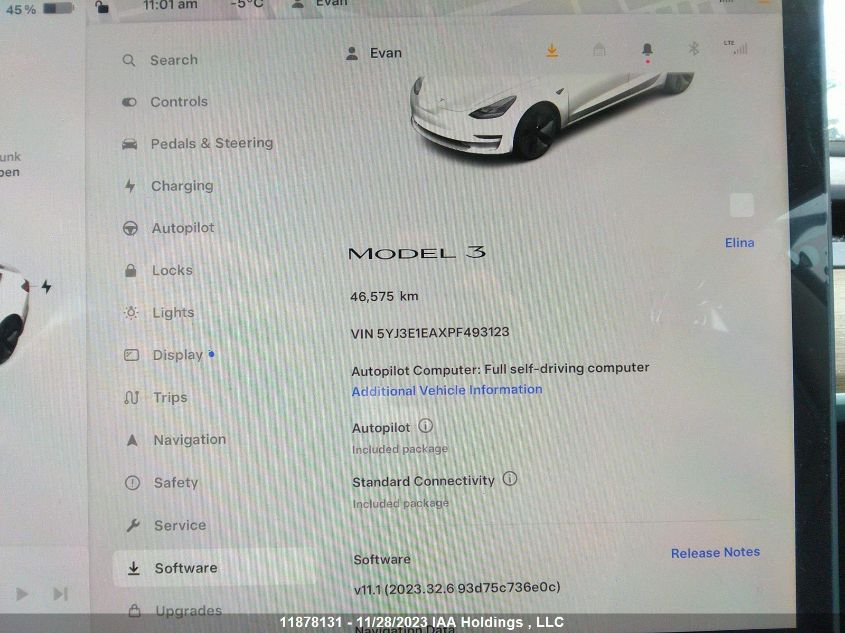 2023 Tesla Model 3 VIN: 5YJ3E1EAXPF493123 Lot: 11878131
