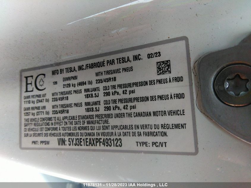 2023 Tesla Model 3 VIN: 5YJ3E1EAXPF493123 Lot: 11878131