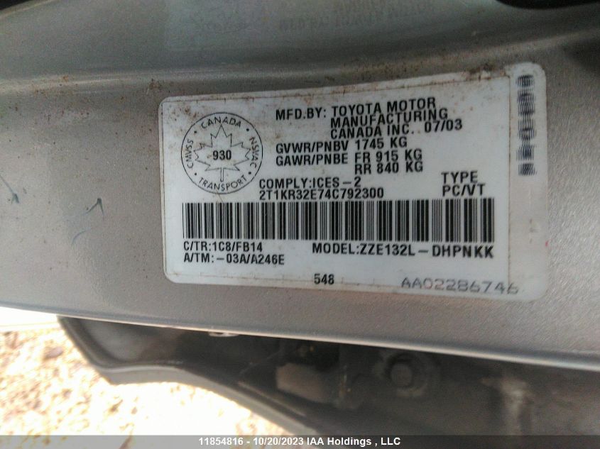 2004 Toyota Matrix Wagon VIN: 2T1KR32E74C792300 Lot: 11854816X