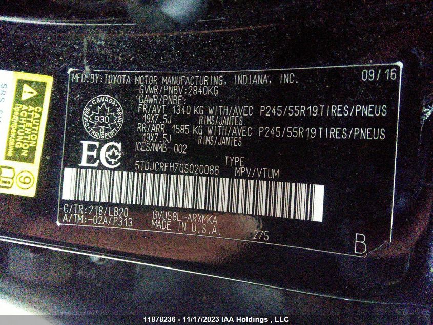 2016 Toyota Highlander VIN: 5TDJCRFH7GS020086 Lot: 11878236