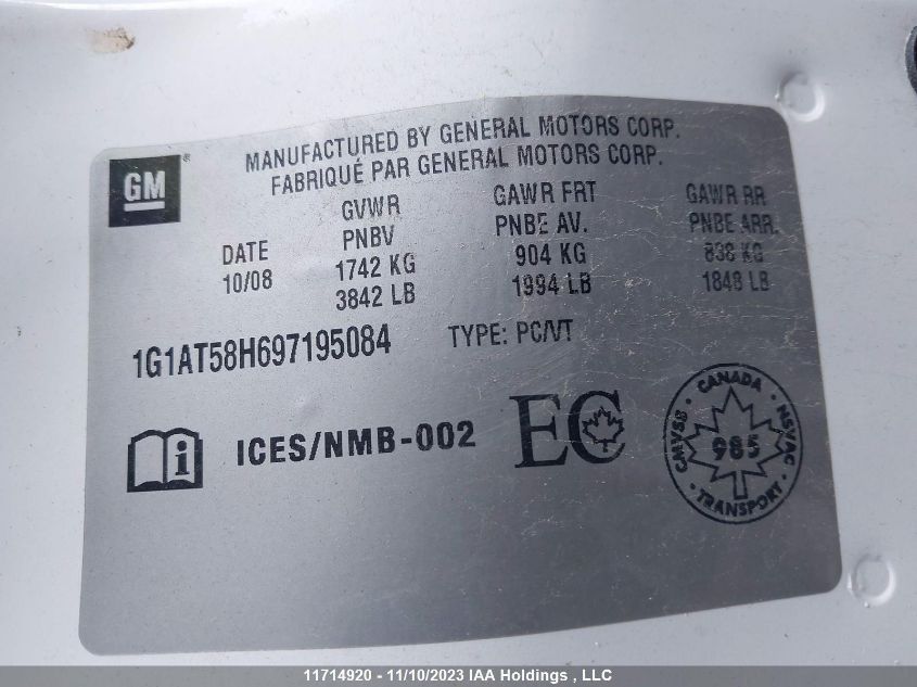 2009 Chevrolet Cobalt Lt VIN: 1G1AT58H697195084 Lot: 11714920X