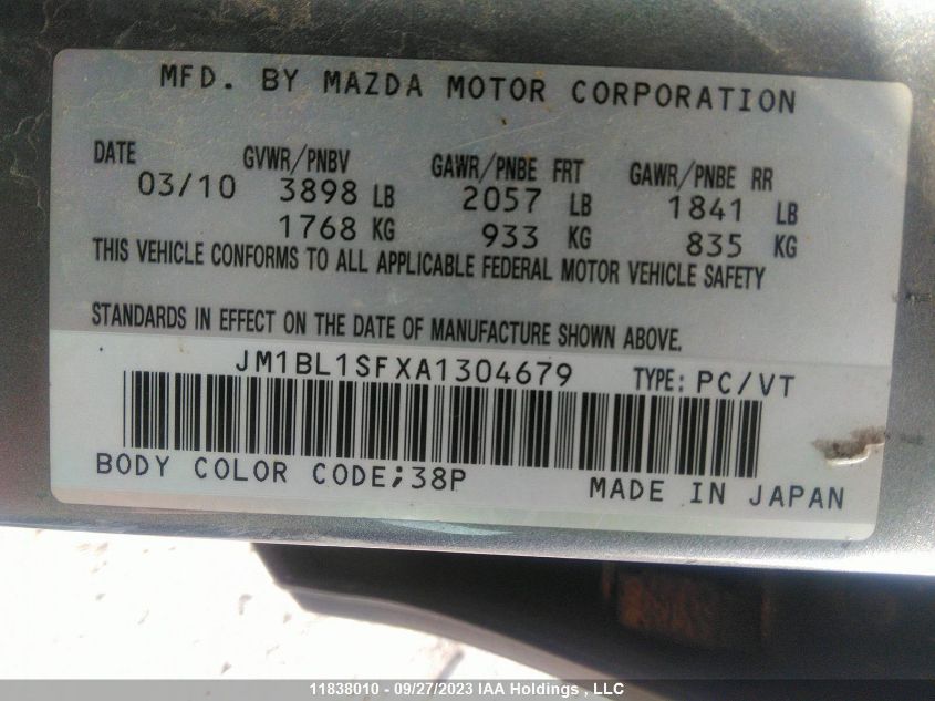 2010 Mazda Mazda3 Gx/Gs VIN: JM1BL1SFXA1304679 Lot: 11838010X