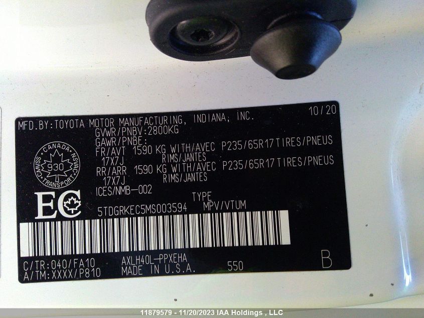 2021 Toyota Sienna Le/Xle/Xse/Limited VIN: 5TDGRKEC5MS003594 Lot: 11879579