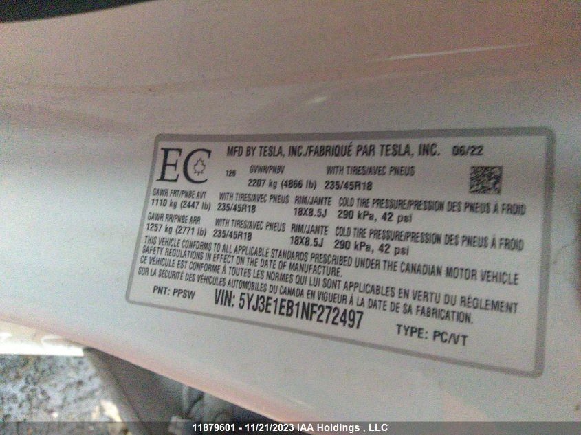 5YJ3E1EB1NF272497 2022 Tesla Model 3 Long Range