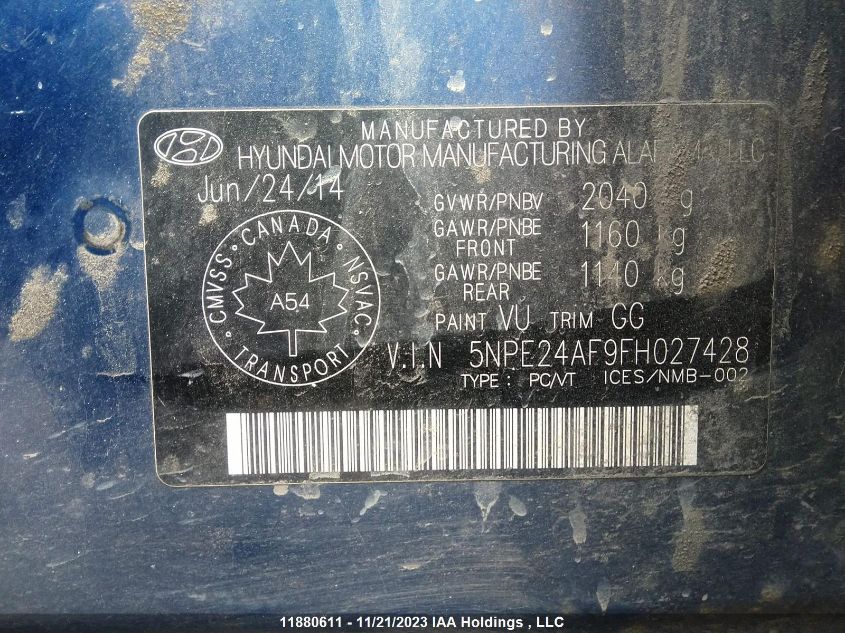 2015 Hyundai Sonata VIN: 5NPE24AF9FH027428 Lot: 11880611